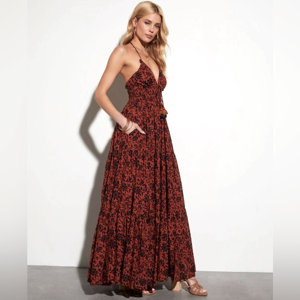 NWOT Roselynn Floral Rust and Black Print Maxi Dress, Size Large